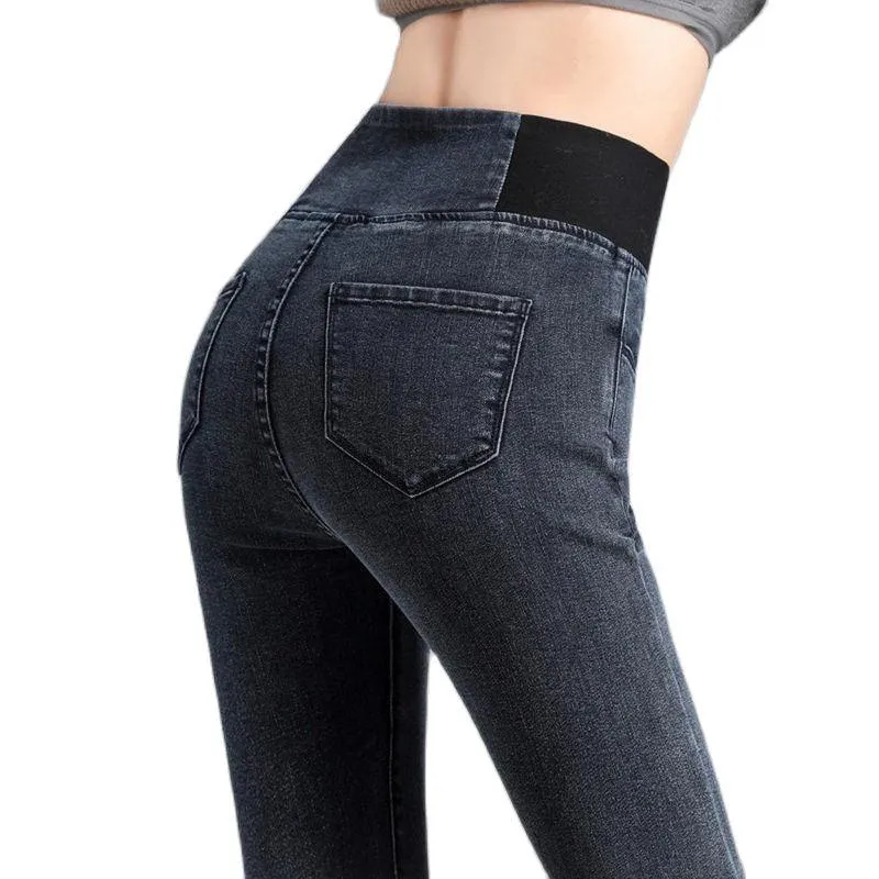 Растянуть высокую талию джинсы женские 2021 осенью и зимой плюс размер тонкий подходит упругие брюки полной длины джинсовые узкие брюки