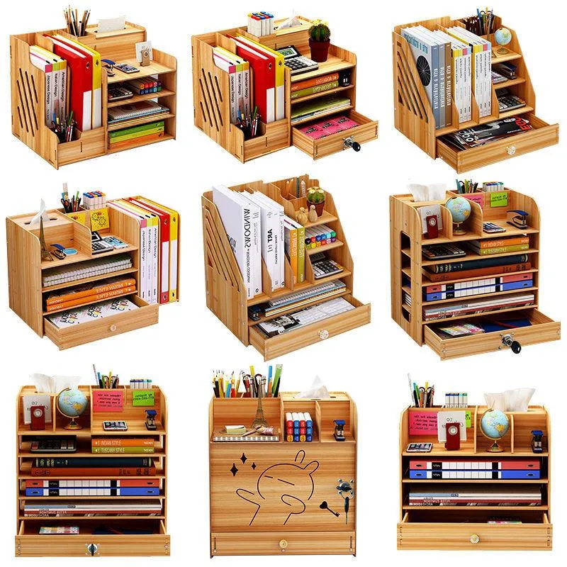Storage Drawers Wooden Desk Organizer Multi-Functional DIY Pen Holder Box Desktop Stationary Home Office Supply Rack