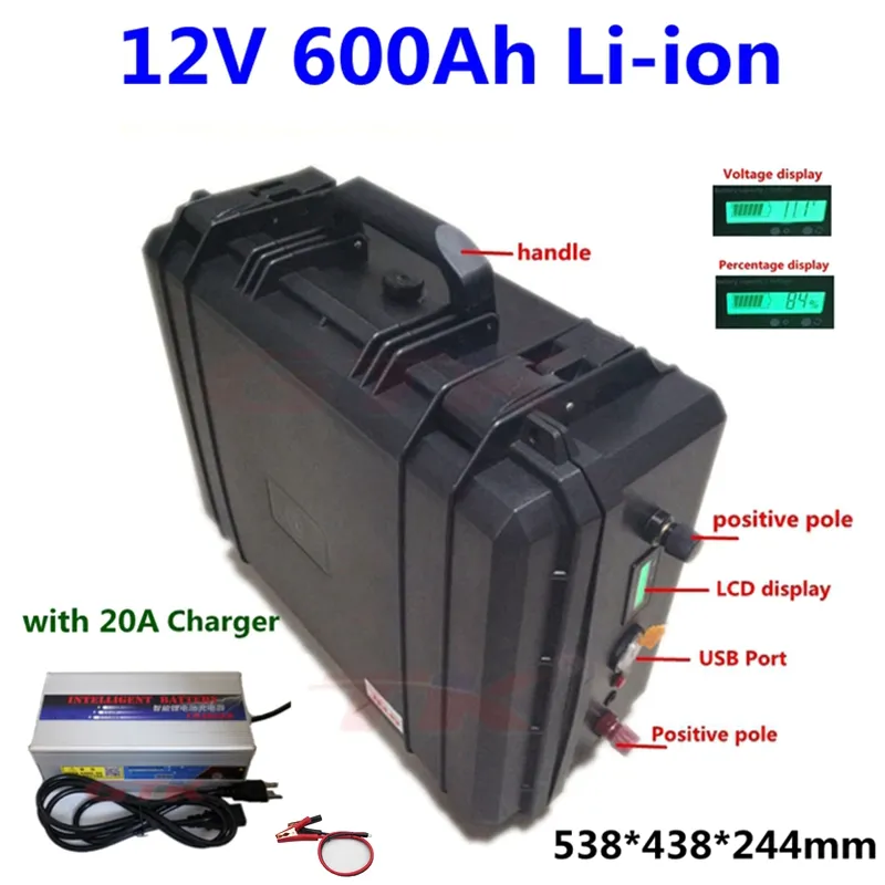 Batterie lithium-ion étanche 12V 500Ah 600Ah avec BMS pour système solaire RV système d'urgence de stockage d'urgence + chargeur 20A