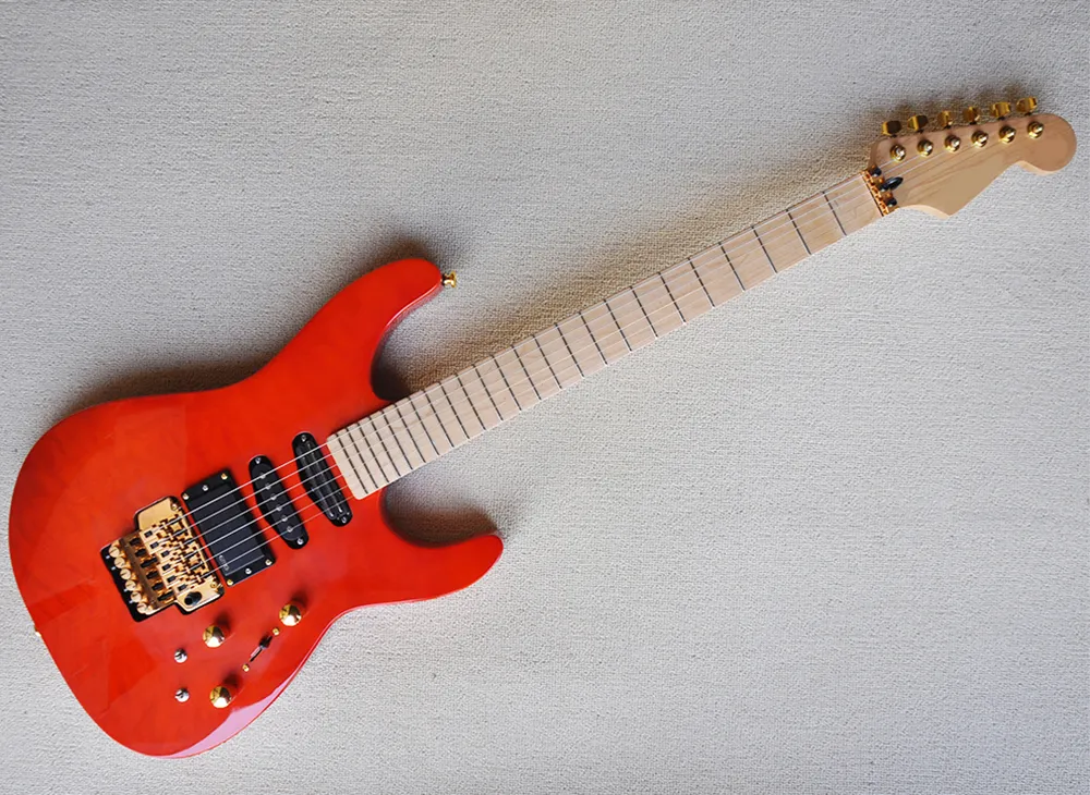 Guitarra elétrica laranja com pickups ativos, Floyd Rose, maple fretboard, folheador de plátano de chama