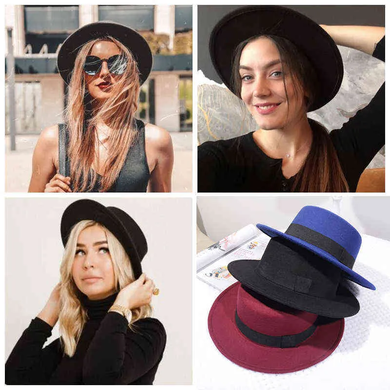 Woolen feltro fedoras inverno outono mulheres chapéu clássico cor sólida fedora chapéus feminino senhora largamente borda plana tampa de jazz cubeta g220301