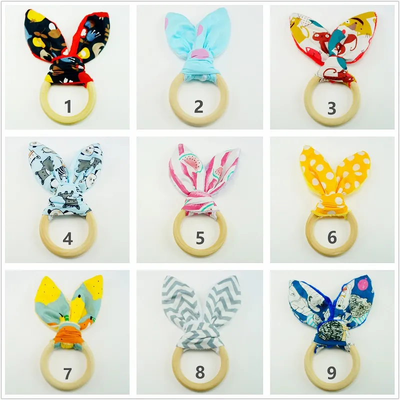 30 couleurs bébé jouet de dentition anneau en bois formation sucettes à mâcher jouets oreilles de lapin bande Dot imprimer Teethers dessin animé lapin Teether M3398