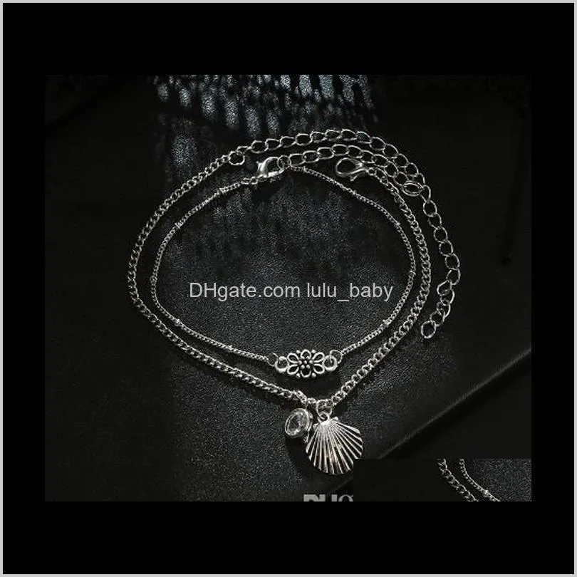 Bohemian Multi Layer Anklets Fan Shell Shape Waterdrop Charm Antique Silver Yoga Ankle Bracelets Bohemian Ankle Chain