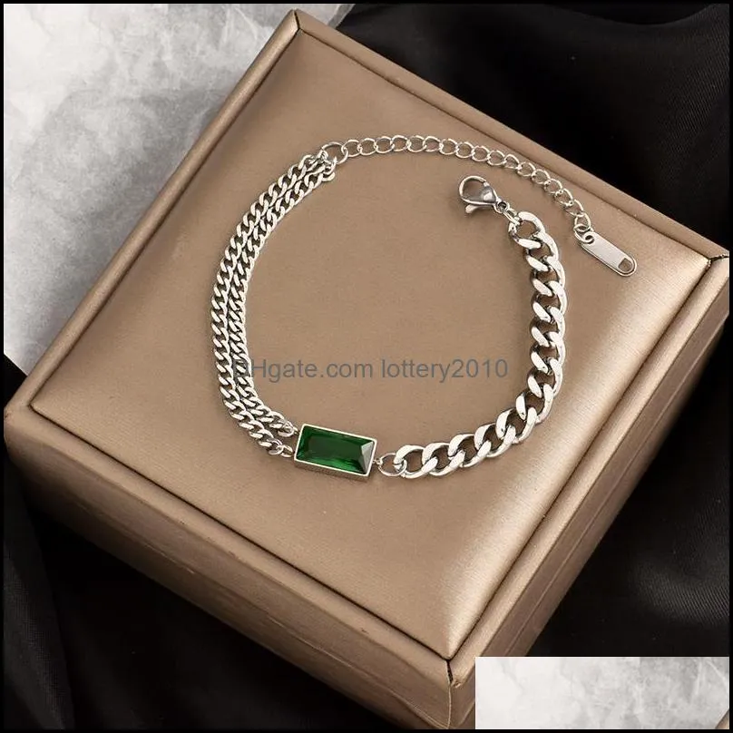 Green Stone Titanium Stainless Steel Punk Thick Crystal Bracelet Simple Gold Silver Color Chunky For Women Jewelry Link, Chain