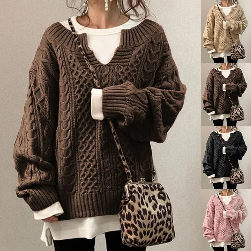Kvinnors stickade linne mönster Tröjor Casual Långärmade Loose Pullover Tröja Plus Storlekskläder