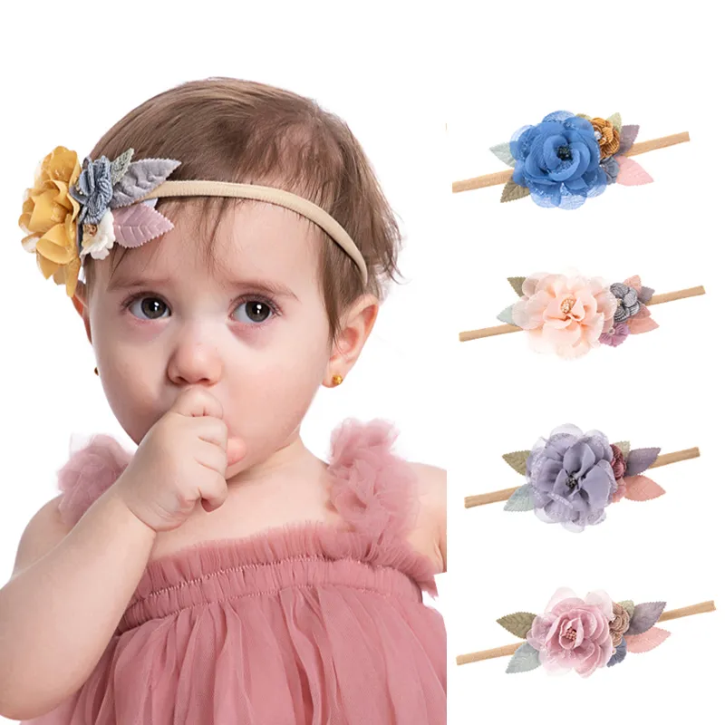 16PC / Lot Pearl Flower Nylon Baby Headband Infant Nylon Elastic Hairbands Vintage Artificial Floral Newborn Girl Photography Prop