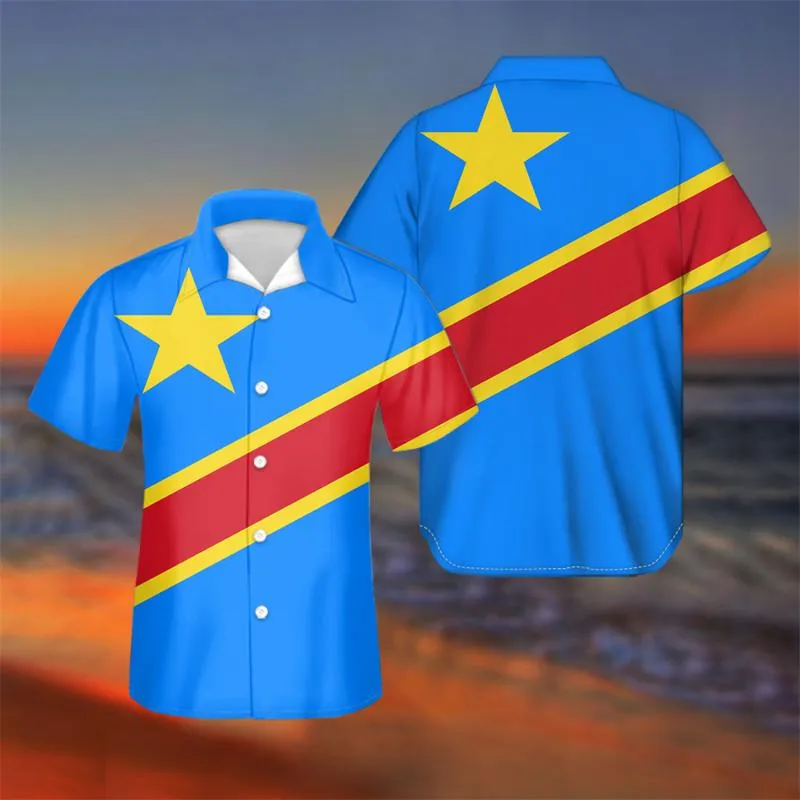 Chemises décontractées pour hommes Drapeau du Congo imprimé été à manches courtes pour hommes lâche cardigan boutonné chemise plus taille style hawaïen T2085