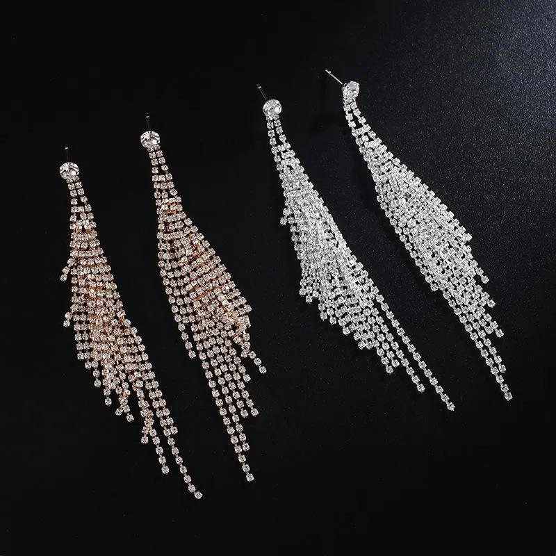 Lange Quaste Glänzende Kristall Strass Doppel-deck Baumeln Ohrringe Pendientes Für Frauen Mode Hochzeit Braut Zubehör