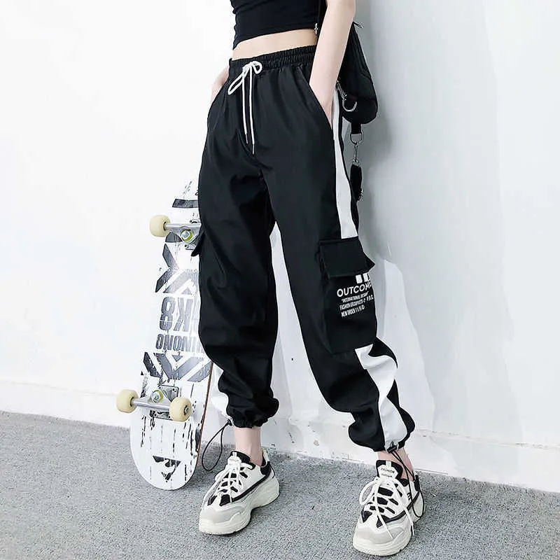 2020貨物パンツ夏の女性ハイウエストルーズジョガースストリーウェアパンクブラックカプリスズボン韓国のハーレムパンツQ0801