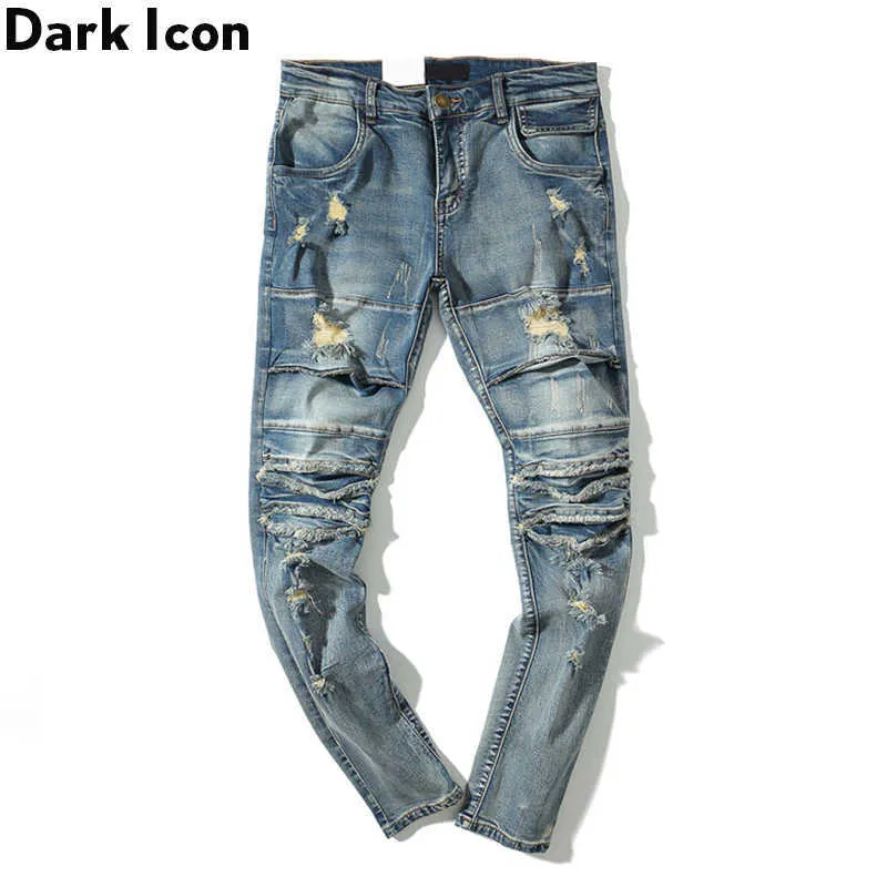 Vintage Blue Hip Hop Jeans Men Slim Fit Ripped Denim Spodnie Mężczyźni Moda Moda męska Dżinsy Streetwear 210603