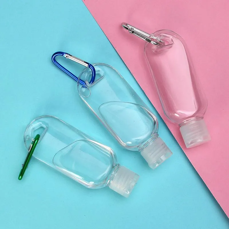 2021 50ml空のアルコール詰め替え可能なボトルのためのキーホルダーフックの透明な透明なプラスチック製の手ハンドサニタイザー