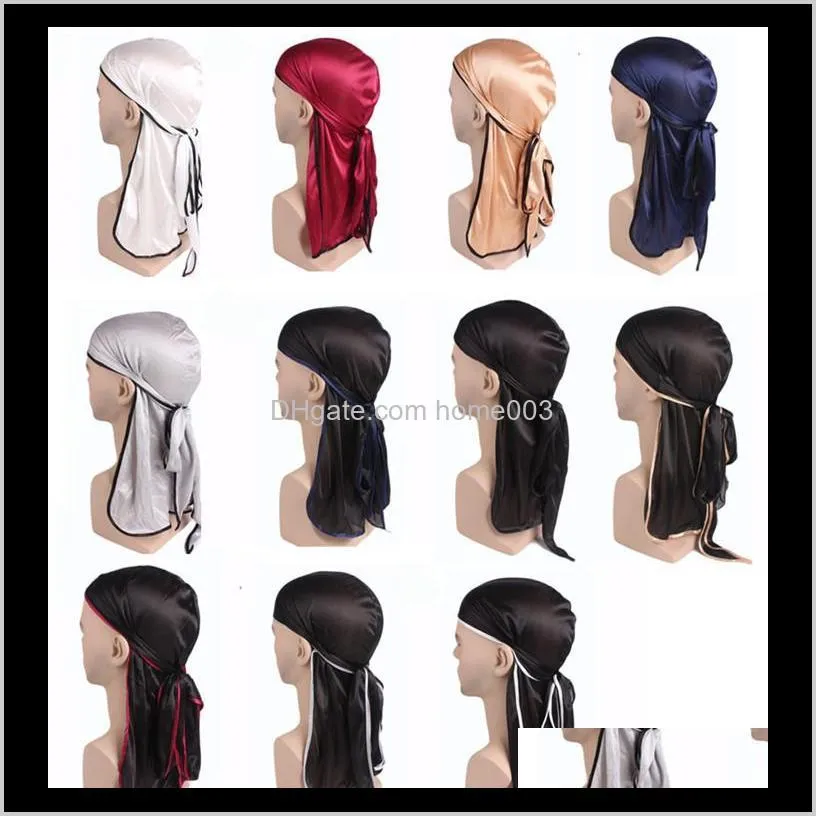 Beanie/Skull Hoeden Petten Mutsen, sjaals Handschoenen Drop Delivery 2021 Mode Heren Satijn Durags Bandana Tulband Pruiken Heren Zijdeachtig Durag Hoofddeksels Hoofd