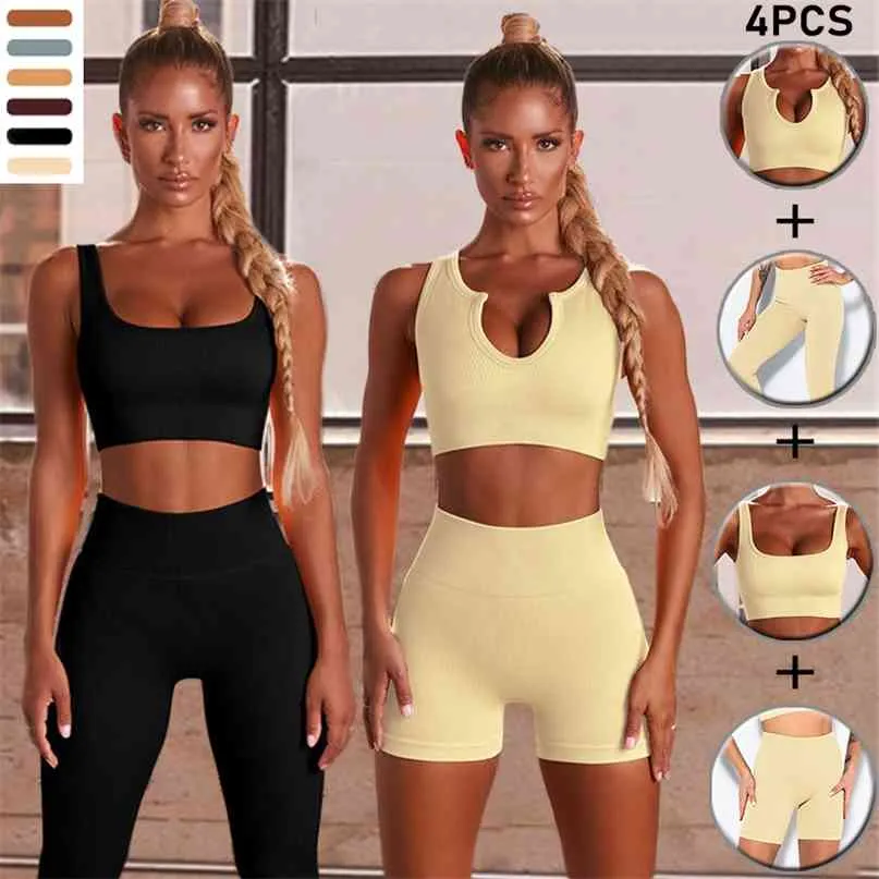 Seamless Yoga Set Kvinnor Feamle Två 2PCS Piece Crop Top Bra High Waist Leggings Sportsuit Workout Outfit Sport Gym Wear Clothes 210813