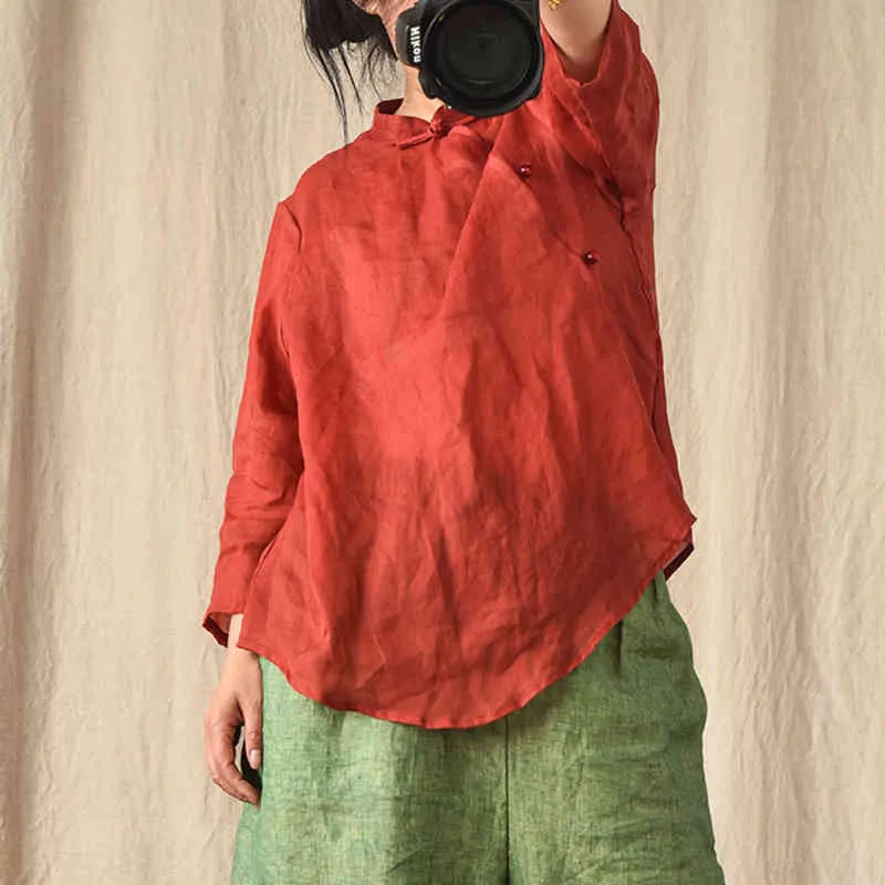 juatuat ramie 레트로 플레이트 버클 스탠드 칼라 셔츠 9 쿼터 슬리브 봄 느슨한 중국 스타일 여성 탑 210521