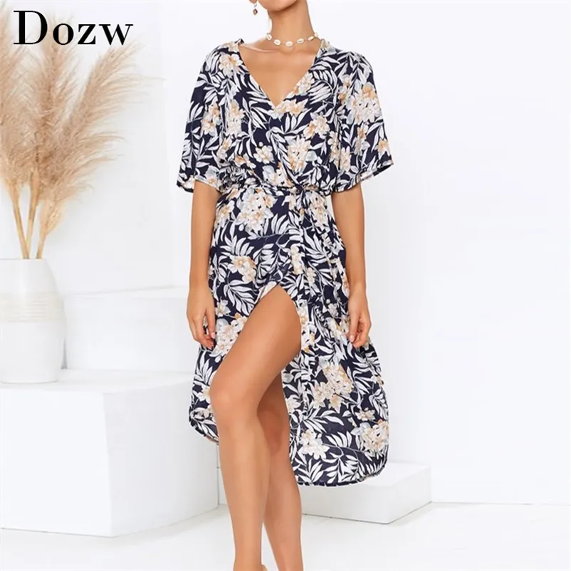 Kvinnor Wrap Long Dress Summer Boho Floral Print Beach Sexig V-Neck Split Party Elegant Sundress Robe Femme 210515