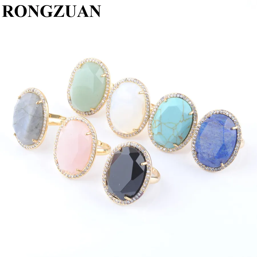 Resizable Natural Gemstone Faceted Opening Adjustable Ring Gold Color Plated Crystal CZ Zircon Rhinestone Rings For Women Jewelry Gifts DBX310