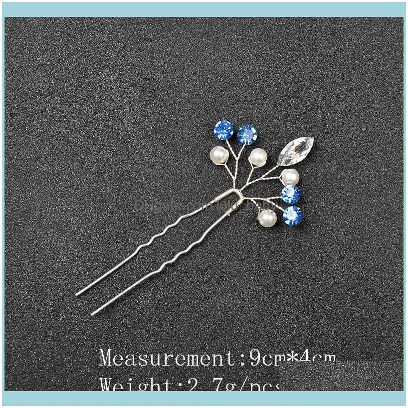 4PCS Silver Color Blue Rhinestone Women Sticks Wedding Jewelry Accessories Pearl Bridal Handmade Shiny Hair Ornament
