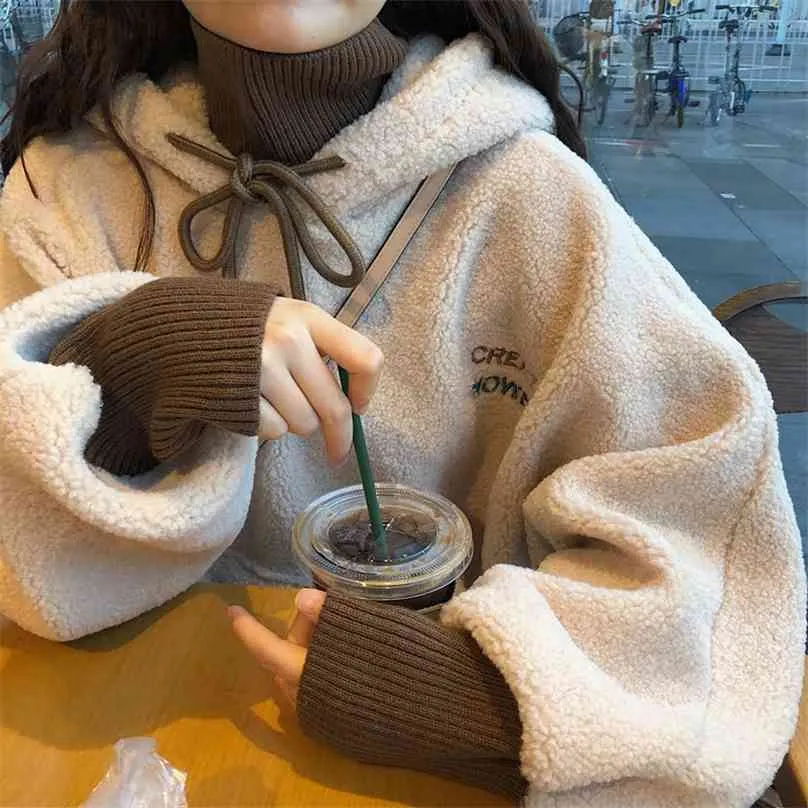 Agneau en peluche femmes automne et hiver Style coréen à manches longues sweats à capuche mélange de coton chaud grande taille lâche décontracté femme hauts 210805