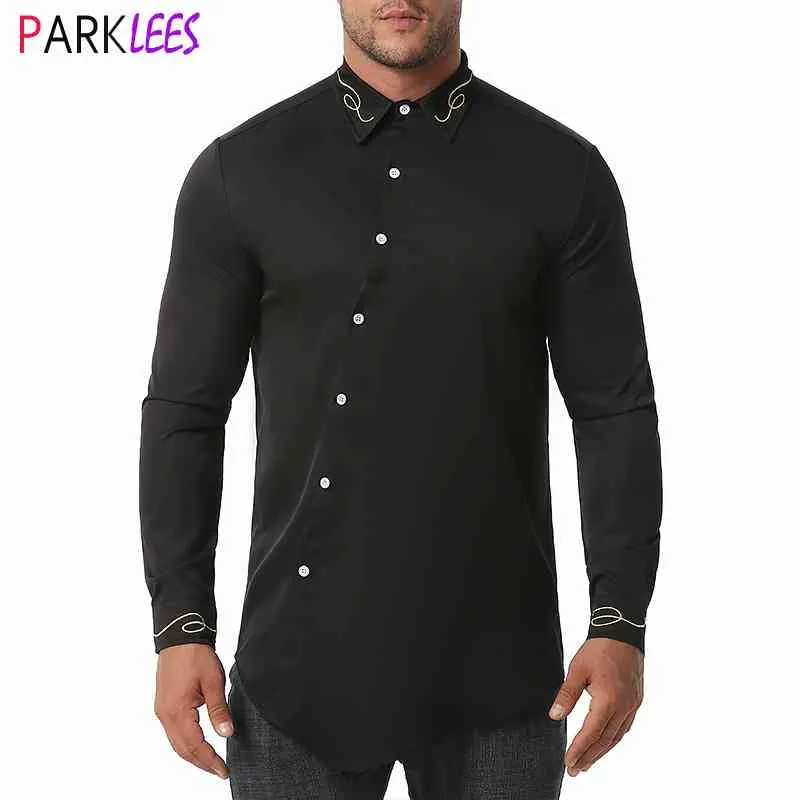 Mode broderi mens västerländska skjortor snedsknapp smal passform casual tröjor män långärmad cowboy festivaler fest camisas hombre 210522