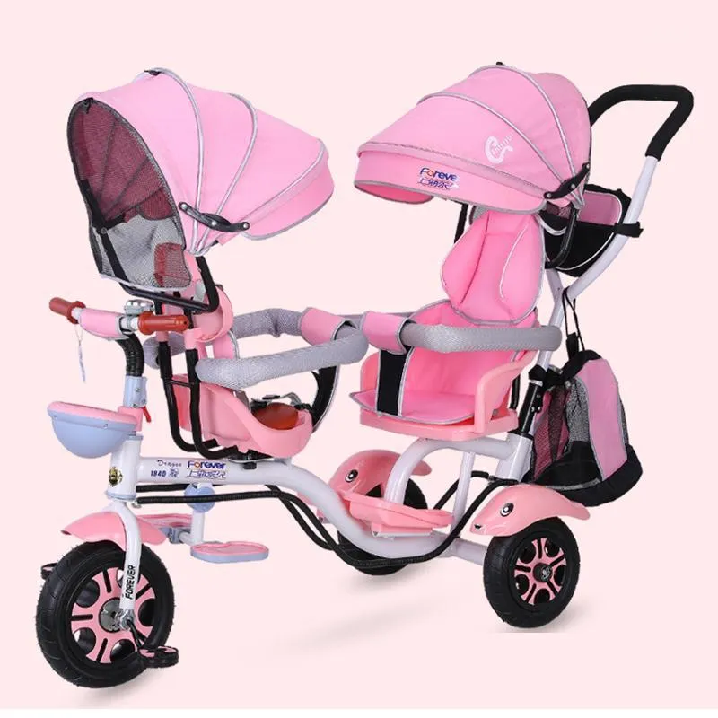 Strollers # 4 i 1 Twin Baby Barnvagn Barnens tricycle Double Seat Cykel Infant Child TrolleyTravel Paraply Carriage1-6Y1