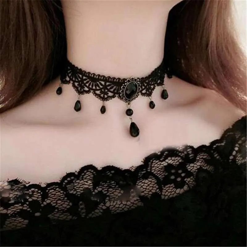 Hanger Kettingen Collares Sexy Gothic Chokers Crystal Black Lace Neck Choker Ketting Vintage Victoriaanse Vrouwelijke Chocker Steampunk Sieraden