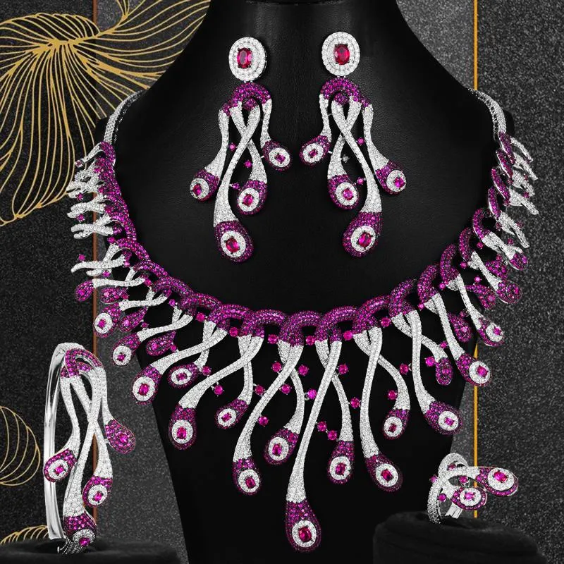 イヤリングネックレスゴッドキービッグファッションラグジュアリー4ピースピーコックテールナイジェリアジュエリーセット女性のウェディングジルコンアフリカブライダル2021