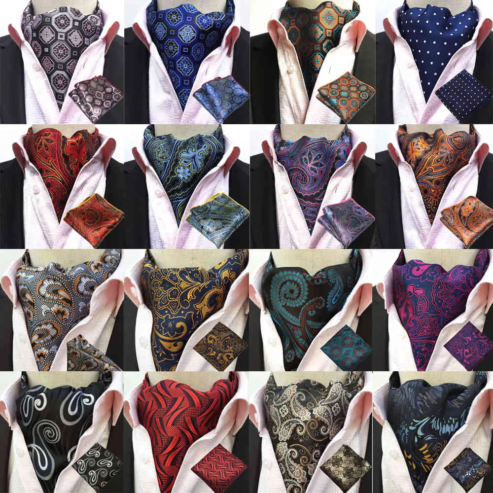 Män Paisley Silk Cravat Ascot Necktie Handkerchief Pocket Square Set Lot Bwthz0238