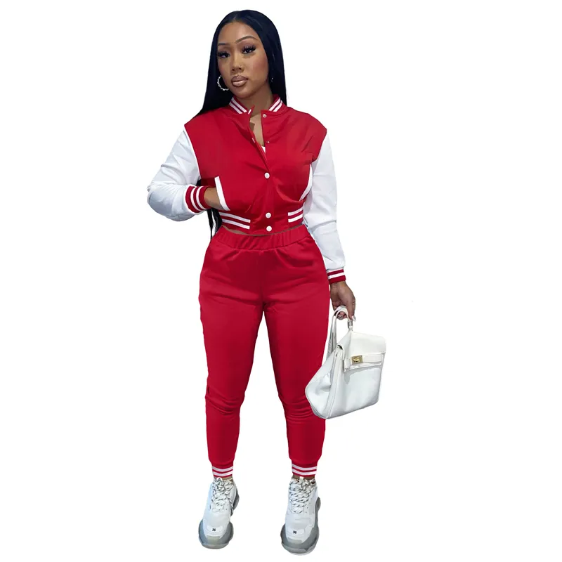 Fall Streetwear 2 Två Piece Set Tracksuit Kvinnor Outfits Långärmad Knapp Top Skinny Byxor Passar Red Matching Sets 2021