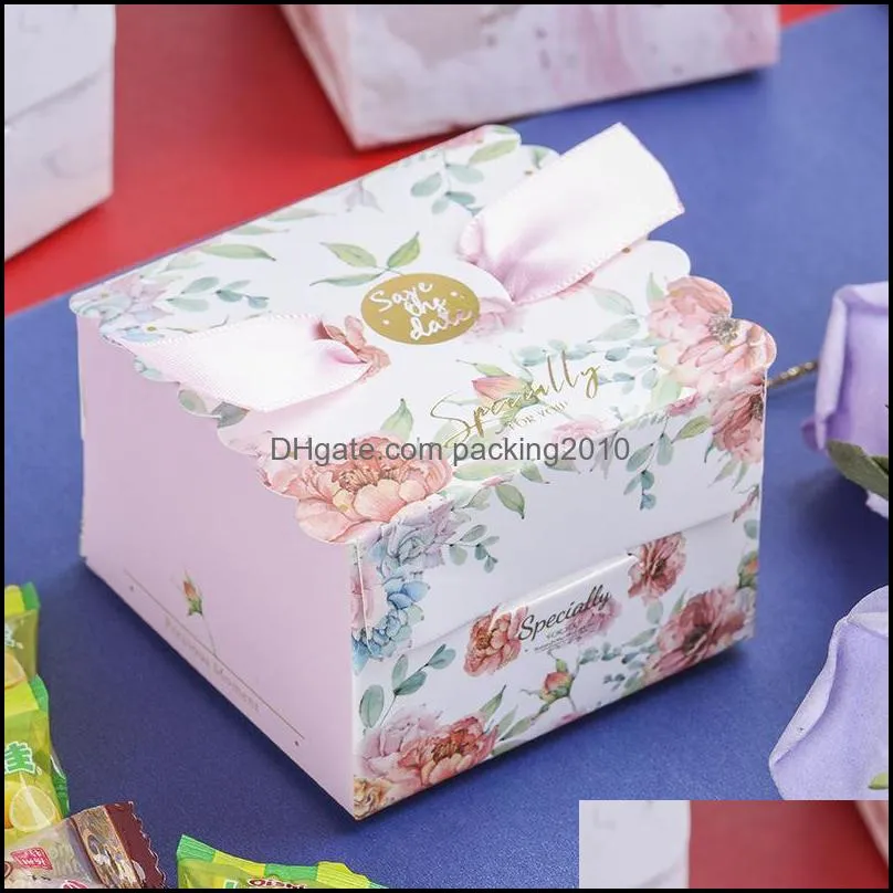 Event Festive Home Garden50pcs/Lot Square Candy Boxes Flower Print Ribbon Paper Gift Box Wedding Favor Birthday Party Supplies Aessory P