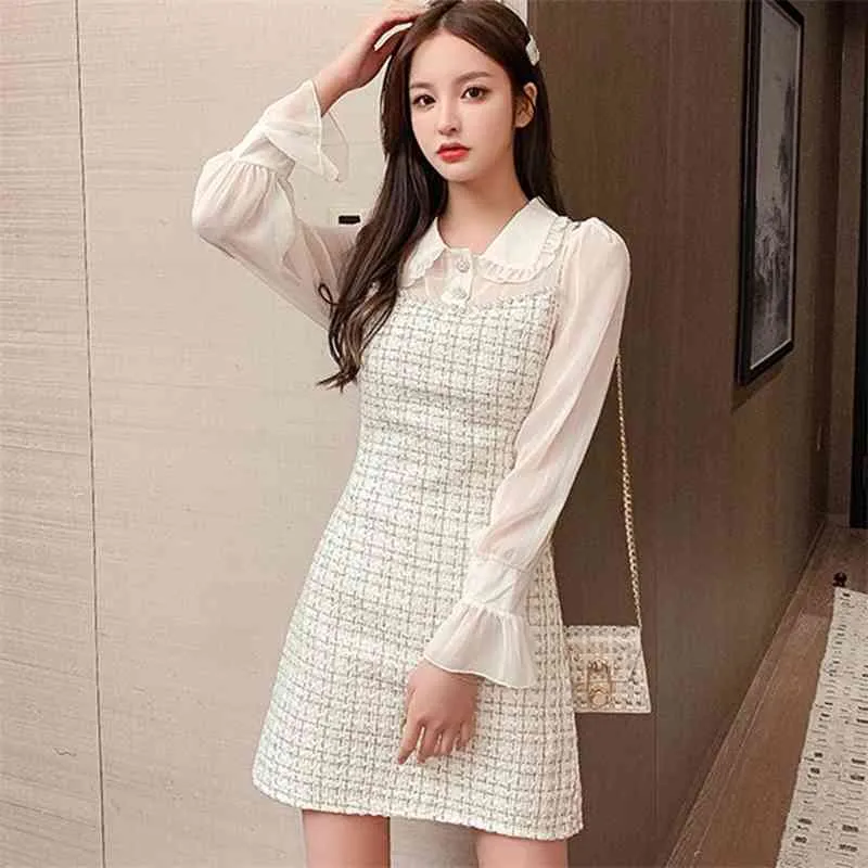 Tweed Dress Women Spring Höst Vintage Ull Plaid Patchwork Elegant Woolen Ladies Office Vestidos 210520