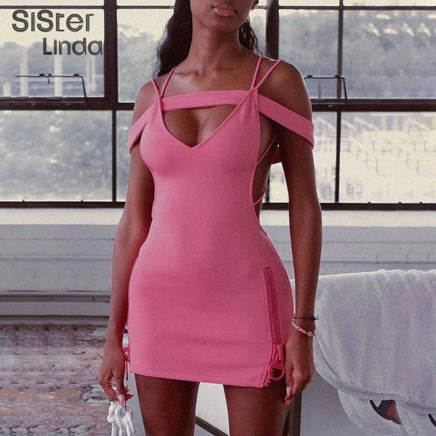 Sisterlinda Sexy Hollow Y2K Backless Strap Mini Dress Donna senza maniche Skinny Party Night Clubwear Beach femminile Abito rosa 2021 Y1006