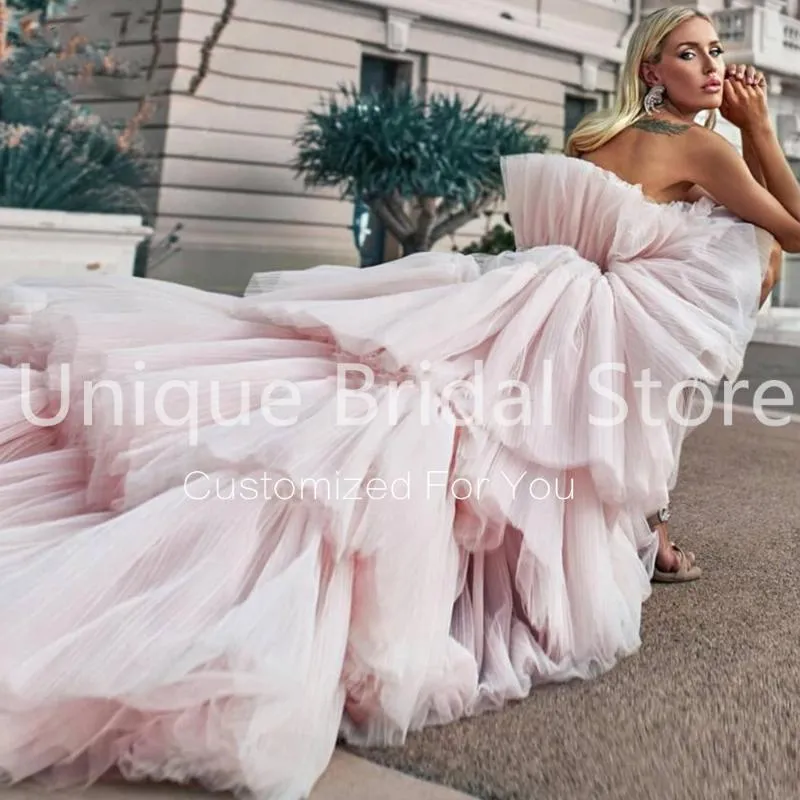 Ruffled & Tiered Pink Tulle Long Sleeve Prom Dress - Xdressy