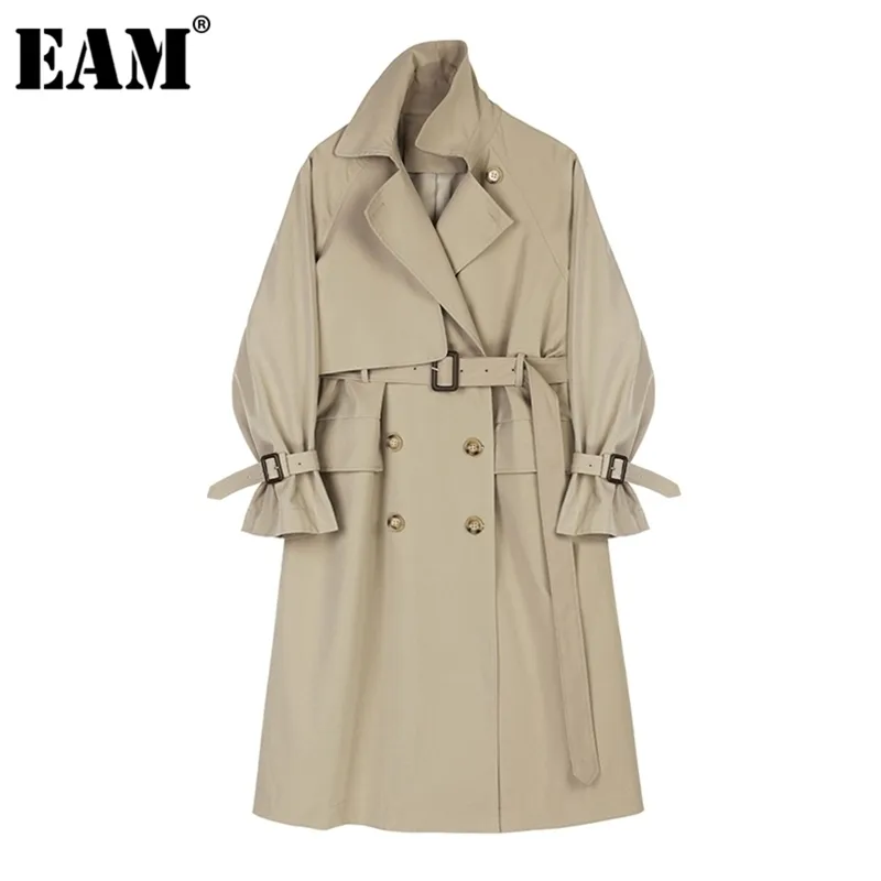 [Eam] Mulheres Camelo Brief Big Size Long Trench Lapel Sleeve Loose Windbreaker Moda Primavera Outono 1Z943 210914