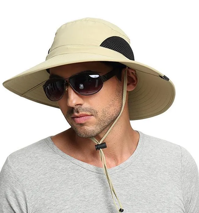 Stingy Brim Hats Patchwork Sun Protection Hat Drawstring Outdoor Fishing Summer UV Cap 4 Färger Hunting Fisherman244e