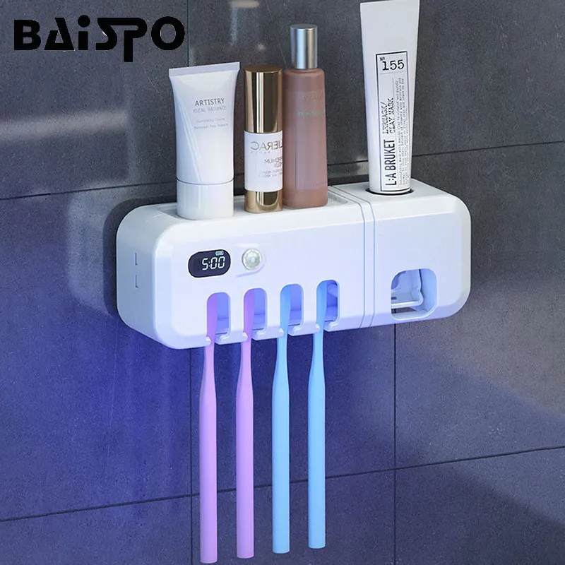 BAISPO podwójna sterylizacja elektryczna uchwyt do szczoteczki do zębów silny obciążenie dozownik pasty do zębów inteligentny wyświetlacz akcesoria do kąpieli 210322