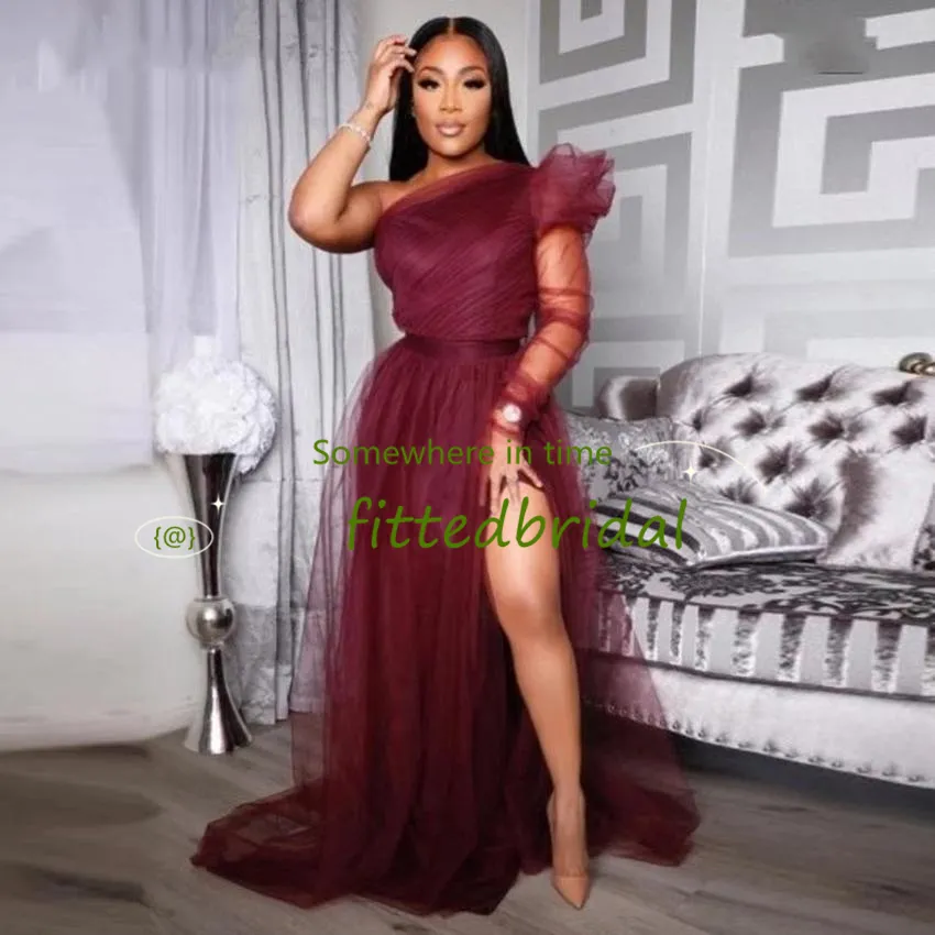 Burgundy One Shoulder Evening Dresses African Party Gowns 2021 Vestidos Formales Mermaid Prom Dress Women Abendkleider