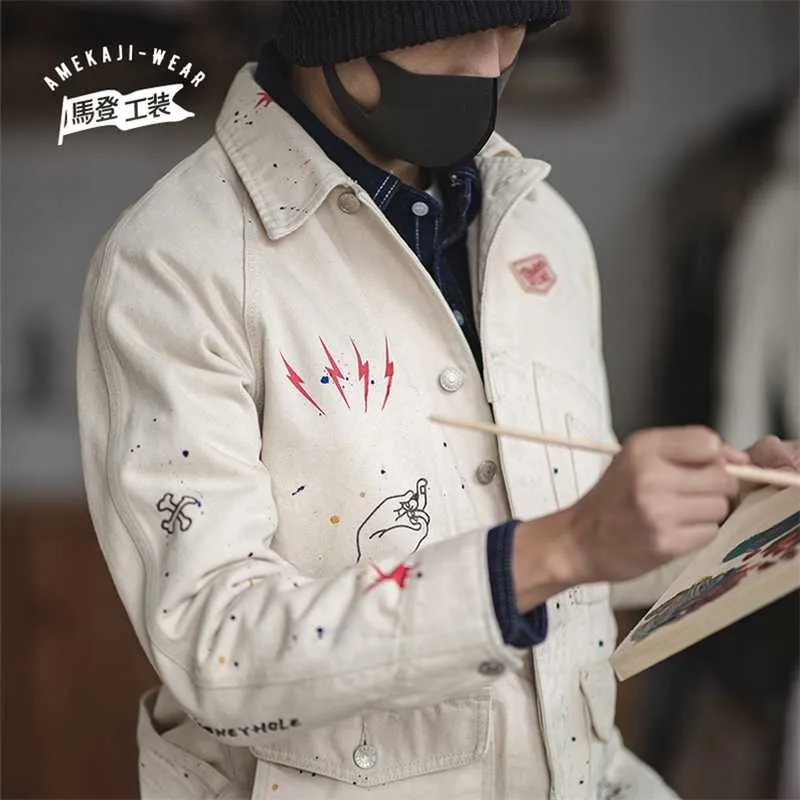 Maden Grafiti Ceketler Erkekler Için Takım Talep Fransız Retro Avcılık Casual Beyaz Denim Ceket Gömlek Ince Üst Japon Ceket Erkekler Trend 210927