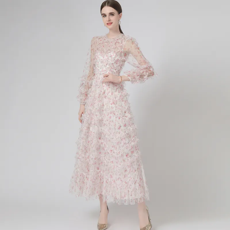 Runway-jurken voor dames O-hals Lange mouwen Gelaagde ruches Gedrukt Elegante mode Feestjurk Prom
