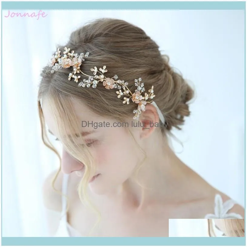 Jonnafe 2019 Delicate Gold Floral Leaf Headpiece Bridal Crown Vine Crystal Wedding Headband Tiara Women Hair Jewelry