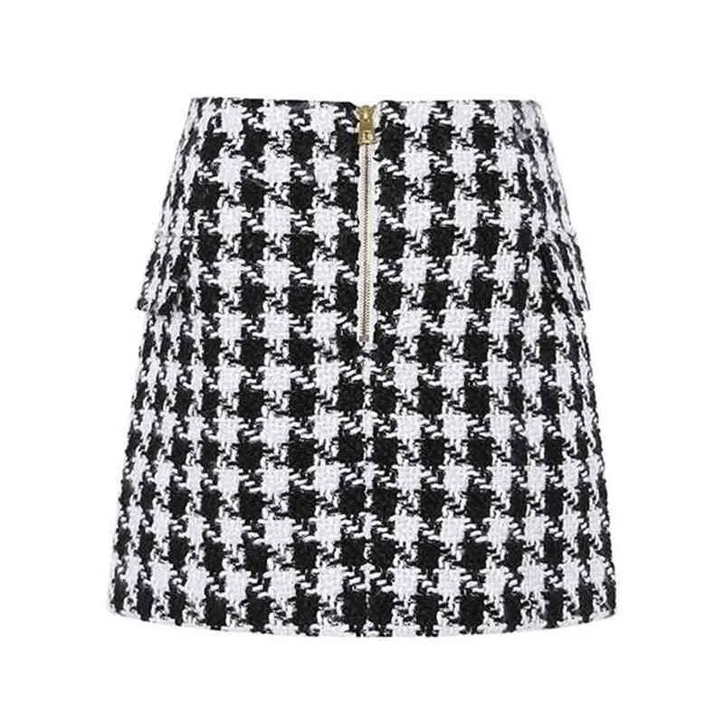 Moda tendência de leão feminino botões duplo breasted t lã houndstooth mini saia elegante xadrez uma linha curto saias 210730