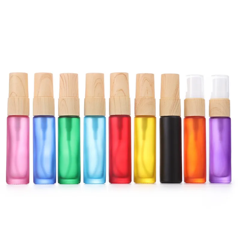 10 ml matte kleurrijke glas etherische olie parfumflesjes met houtnerf plastic dop navulbare draagbare DIY reisgrootte spray fles