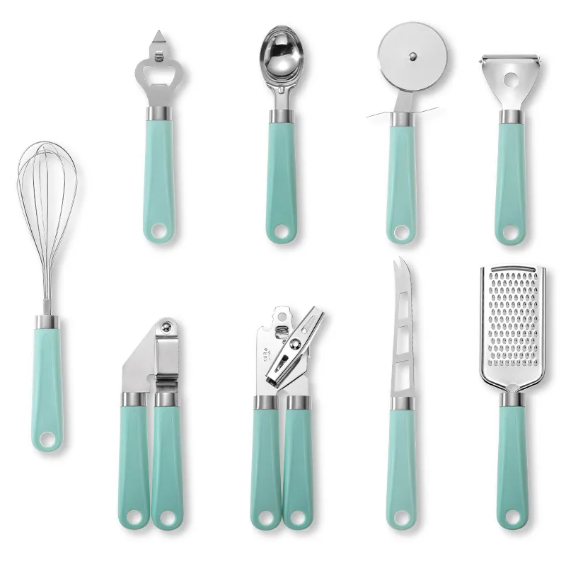 9 sztuk / zestaw Gadżety kuchenne Narzędzia CAN Bottle Otwieracz Czosnek Prasowy Knife Serowy Knife Grater Ice Cream Scooper Pizza Wheel Peeler Whisk KDJK2105