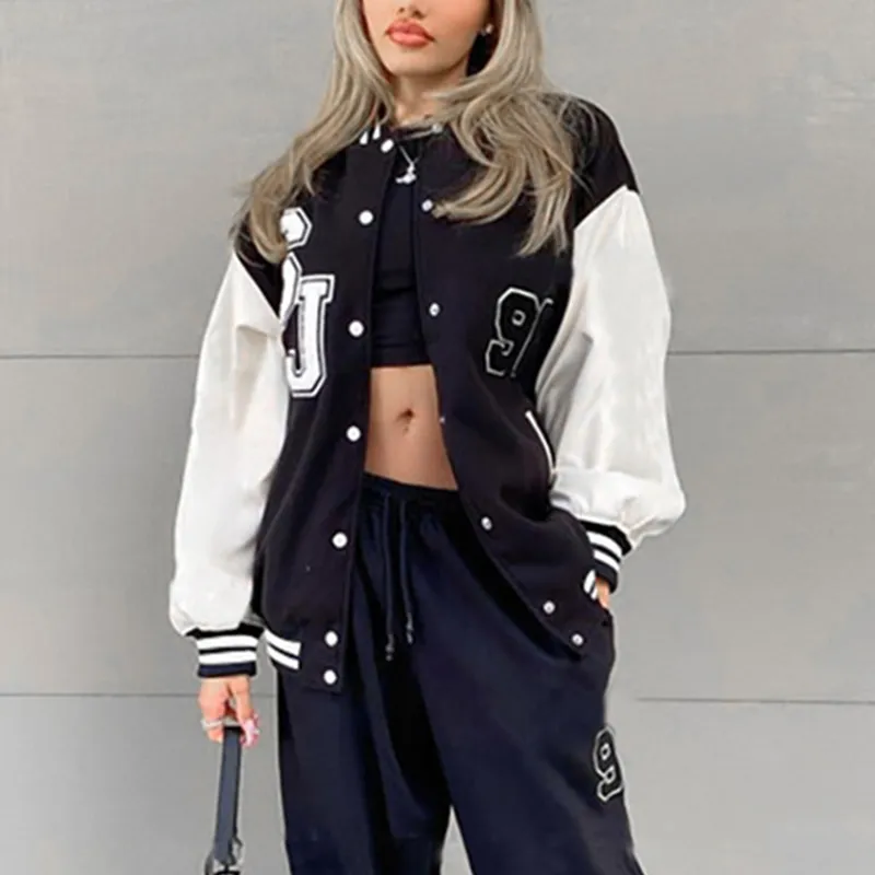 2021 Autumn Oversized Baseball Jacket Women Fashion Leather Long Sleeve Patchwork Letter Print Streetwear Varsity Bomber Jacket