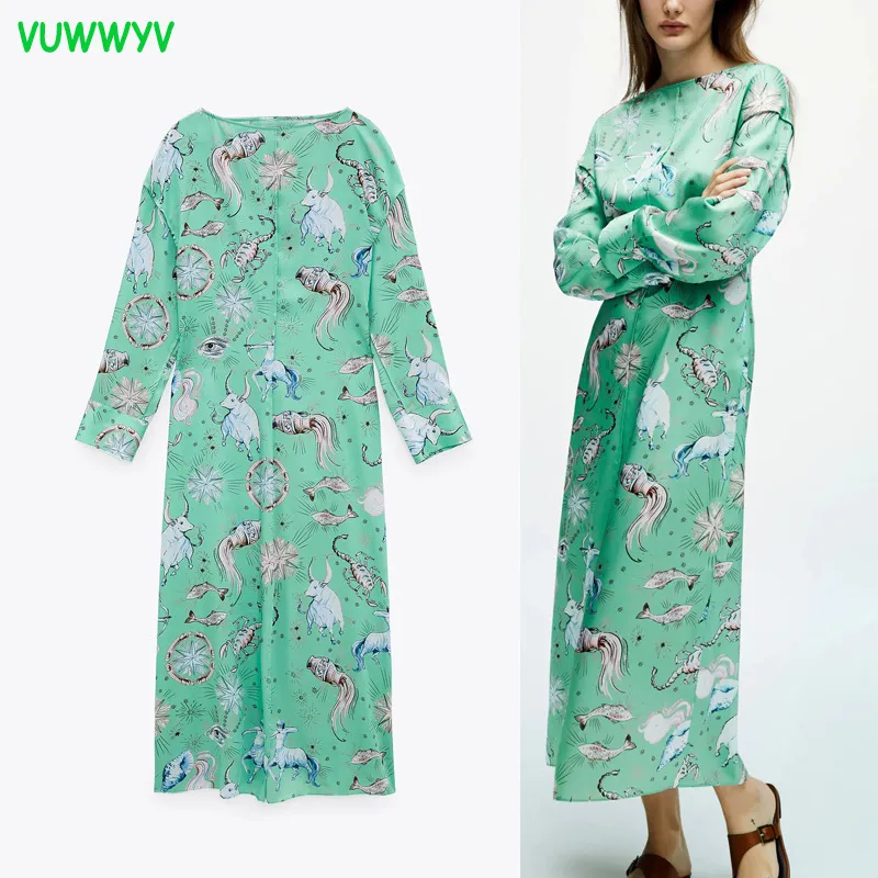 VUWWYV Green Flowing Constellation Print Midi Dress Women Summer Retro Casual Streetwear Woman Long Sleeve Ladies 210430