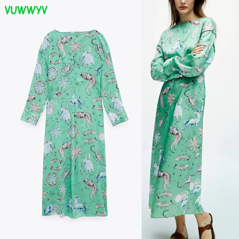 Vuwwwyv verde fluente costellazione stampa vestito midi donne estate retrò casual streetwear donna manica lunga signore signore 210430