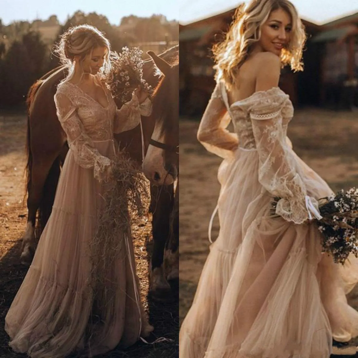 2021 Charme Dentelle Printemps Col En V Jardin Robes De Mariée Boho Bohème À Manches Longues Sheer Arabe Plus La Taille Robe De Noiva Robe De Mariée Balle Mariée