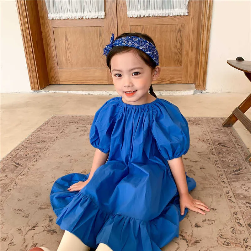 Letnia Moda Dziewczyny Niebieskie Dresses Koreański Styl Ruffles Dzieci Miękka Luźna Długa Sukienka 1-6y Q0716