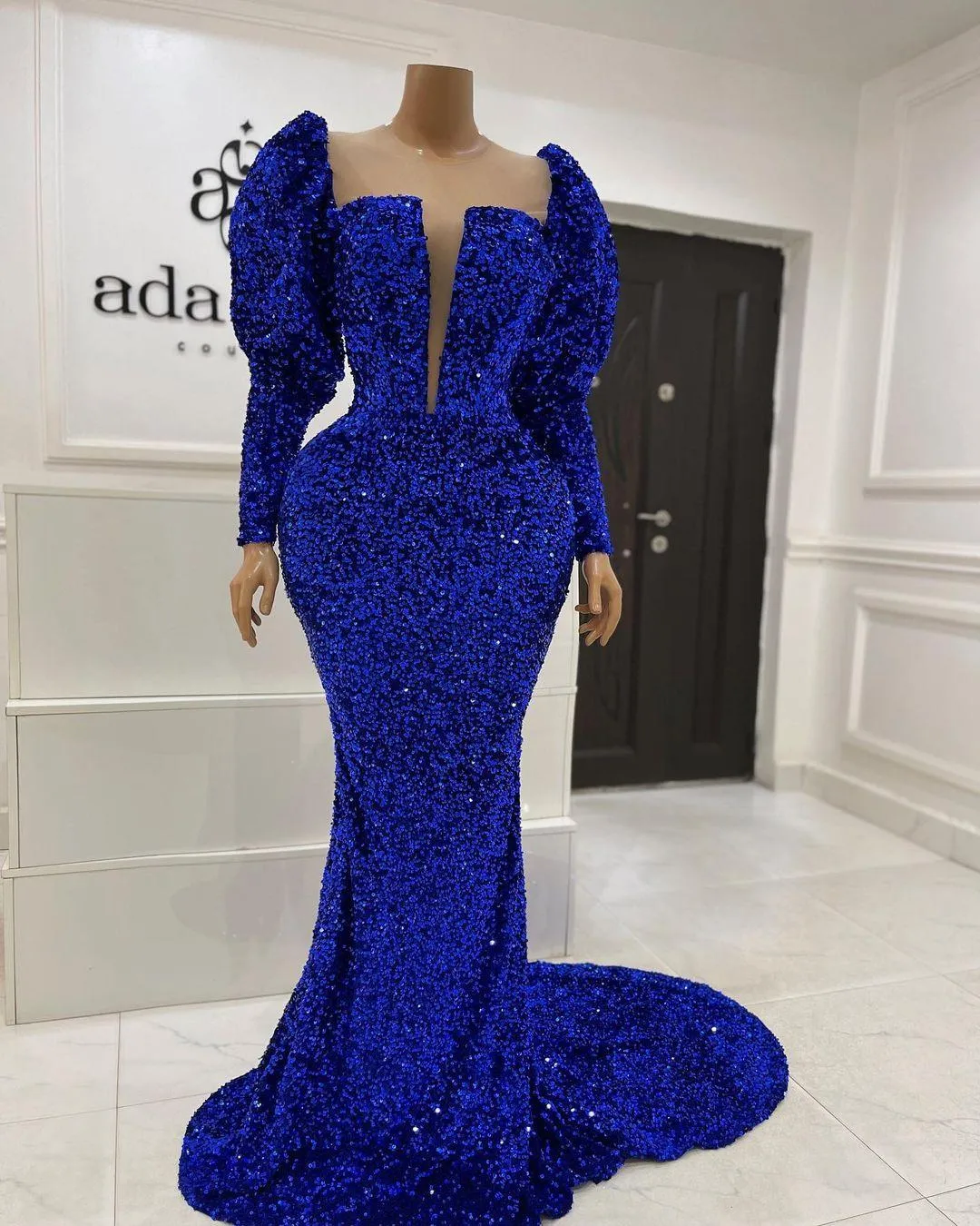 Sparkly Royal Blue Mermaid Prom Transkes Sclemined с длинным рукавом роскошные формальные вечерние платья для арабских женщин Vestidos