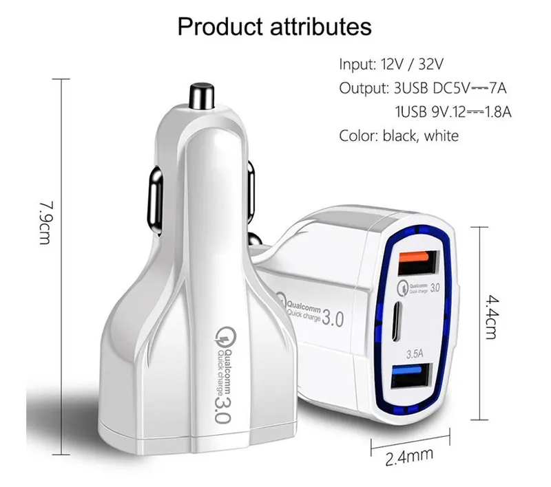 유형 C PD 자동차 충전기 3 USB 포트 빠른 빠른 충전 자동 전원 어댑터 35W 7A 자동차 충전기 iPad iPhone 8 X Samsung S7 S8 Android 휴대 전화