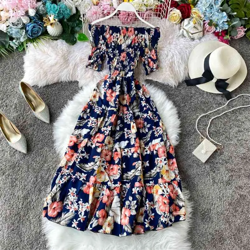 Floral Print Sexy Off Shoulder Boho Dress Summer Vintage Slim Party Women Elegant Beach Holiday es 210430